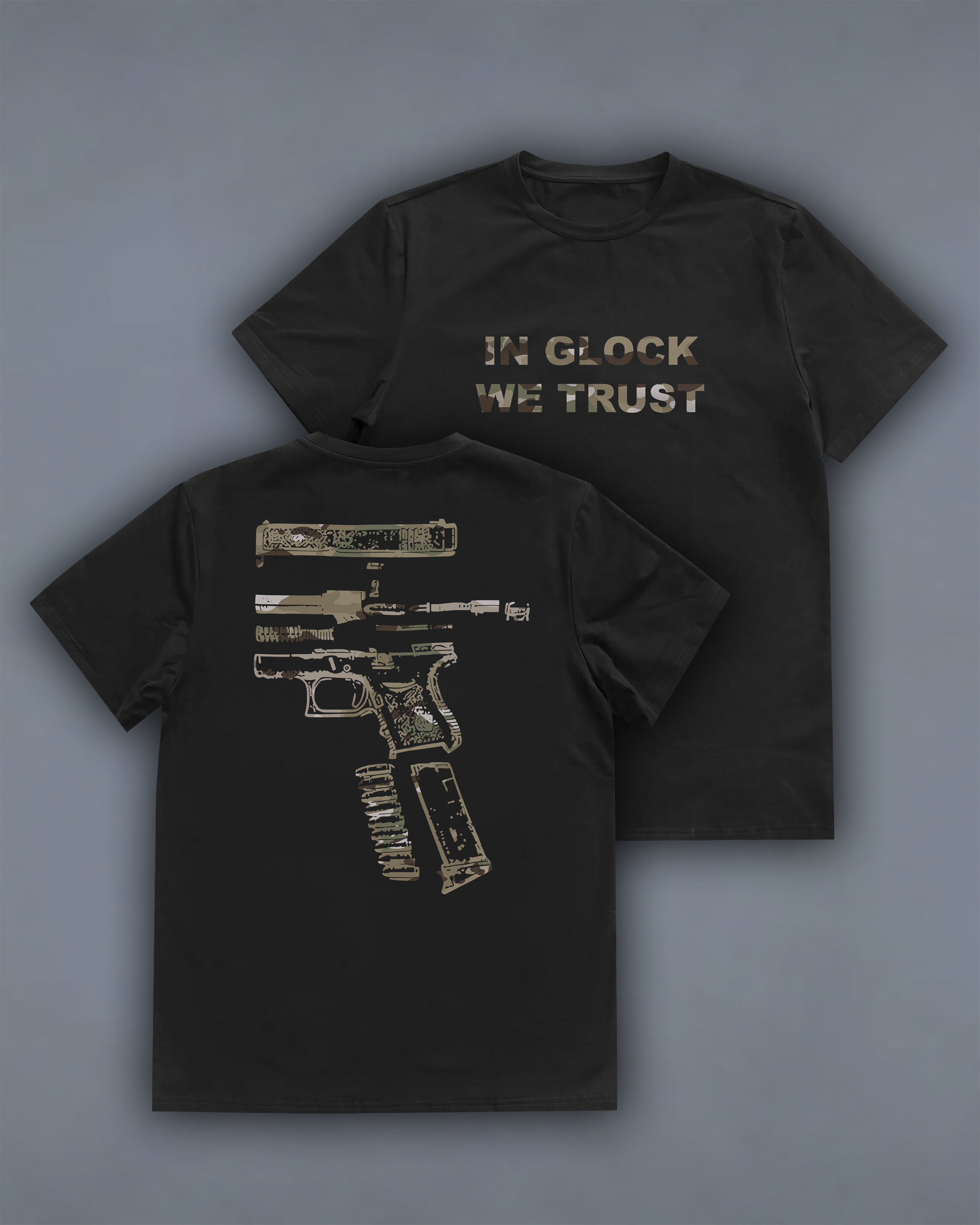 Футболка з принтом "In Glock We Trust" multicam